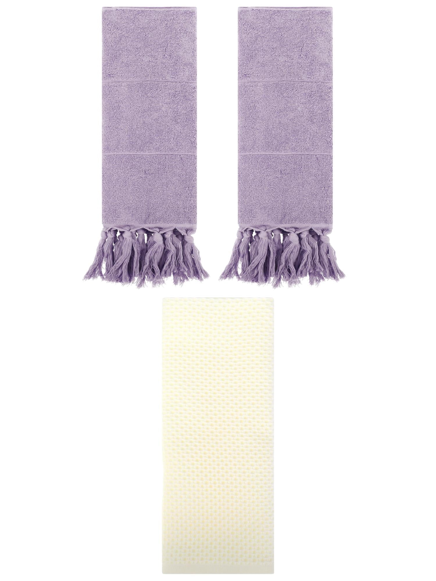 Unique Bargains 3 Pcs Soft Tassels Waffle Hand Towel Purple/Beige 14"x30"/13"x30"