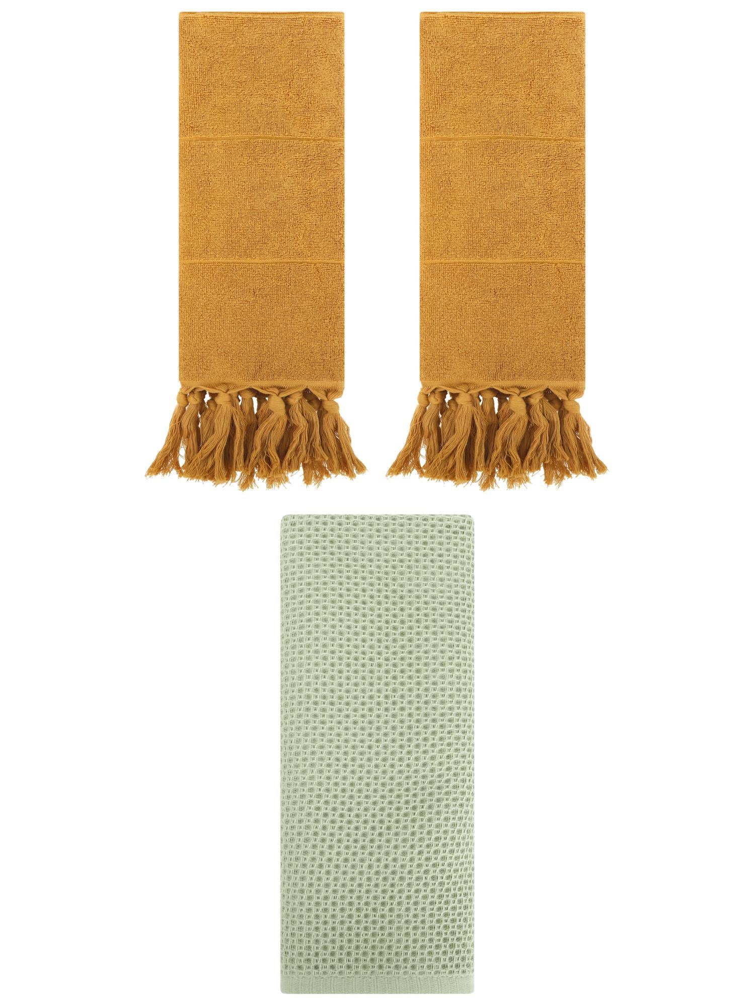 Unique Bargains 3 Pcs Soft Tassels Waffle Hand Towel Yellow/Light Green 14"x30"/13"x30"