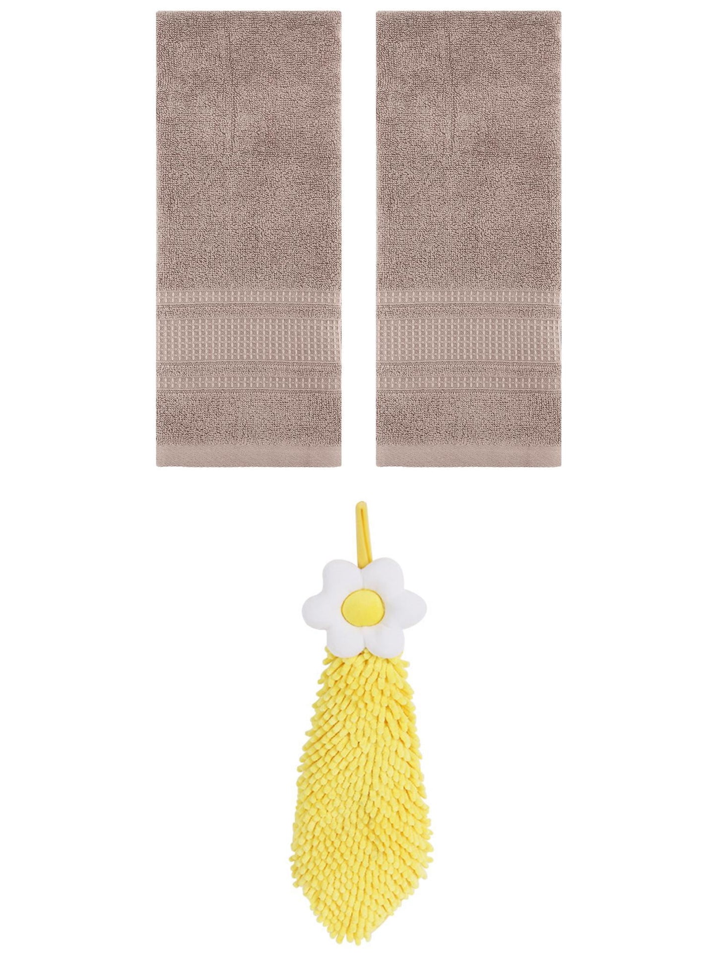 Unique Bargains 3 Pcs Solid Soft Hand Towels Brown/Yellow 13" x 29"/6" x 15"
