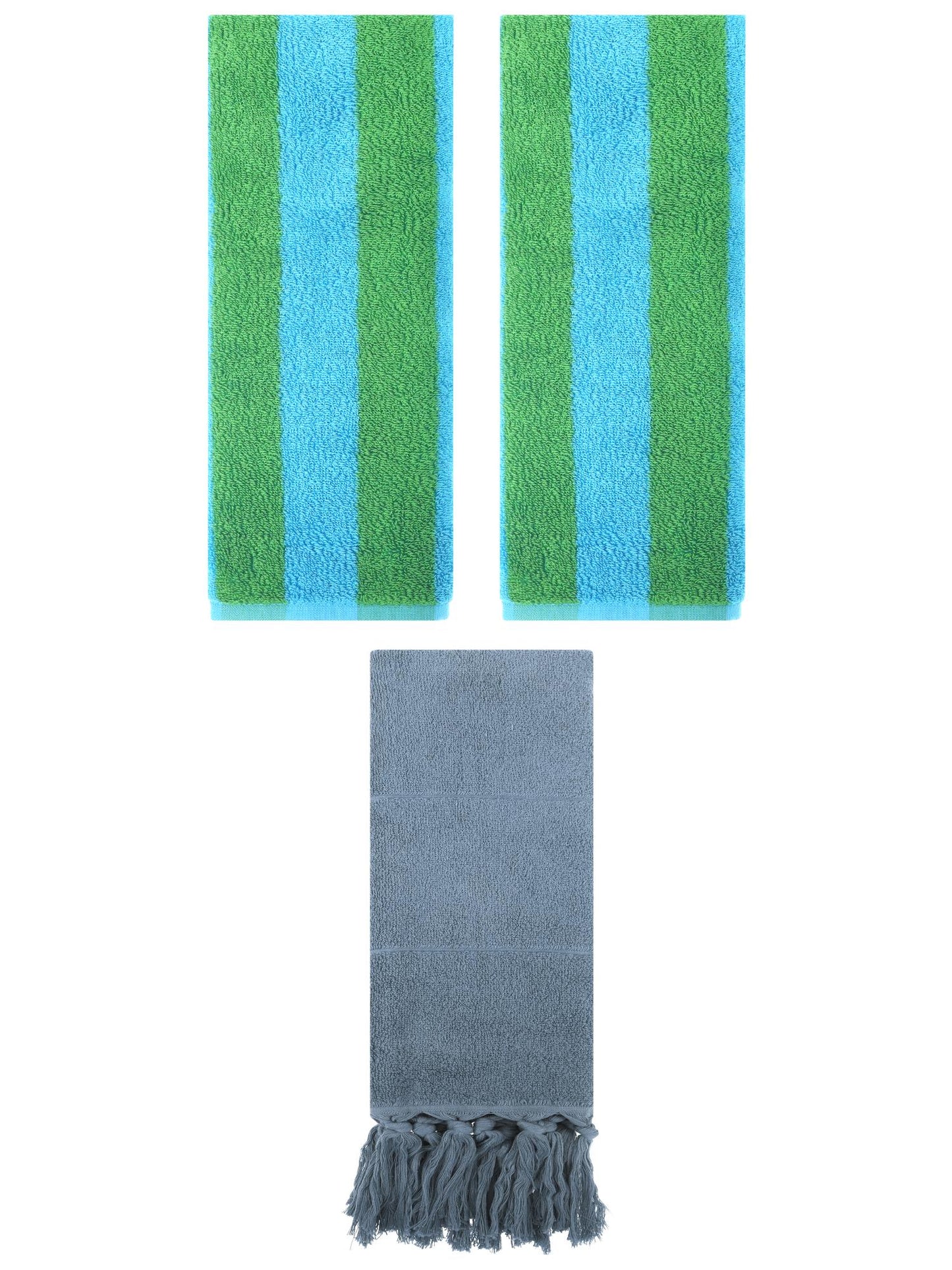 Unique Bargains 3 Pack Striped and Solid Tassels Absorbent Cotton Hand Towel for Bathroom Blue/Blue Green