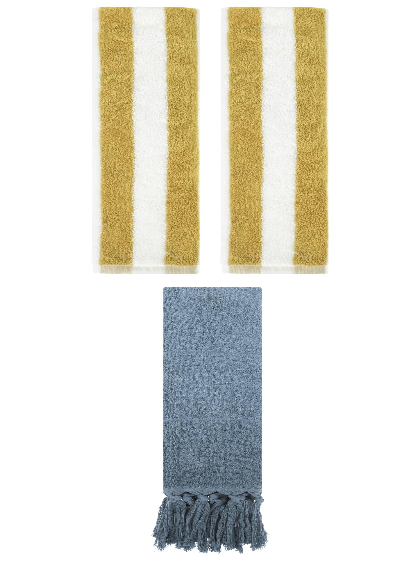 Unique Bargains 3 Pack Striped and Solid Tassels Absorbent Cotton Hand Towel for Bathroom Blue/Yellow White