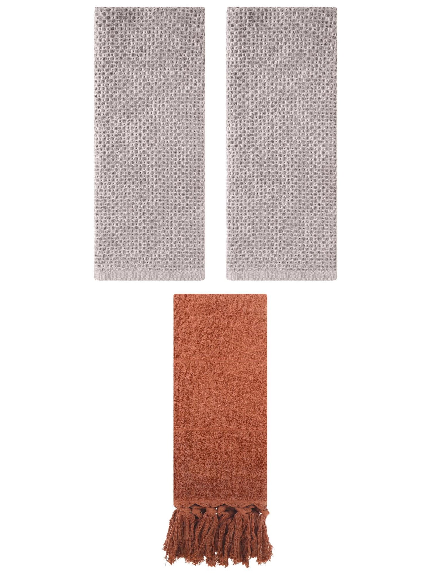 Unique Bargains 3 Pcs Tassels Waffle Hand Towel Brown/Camel 14"x30"/13"x30"