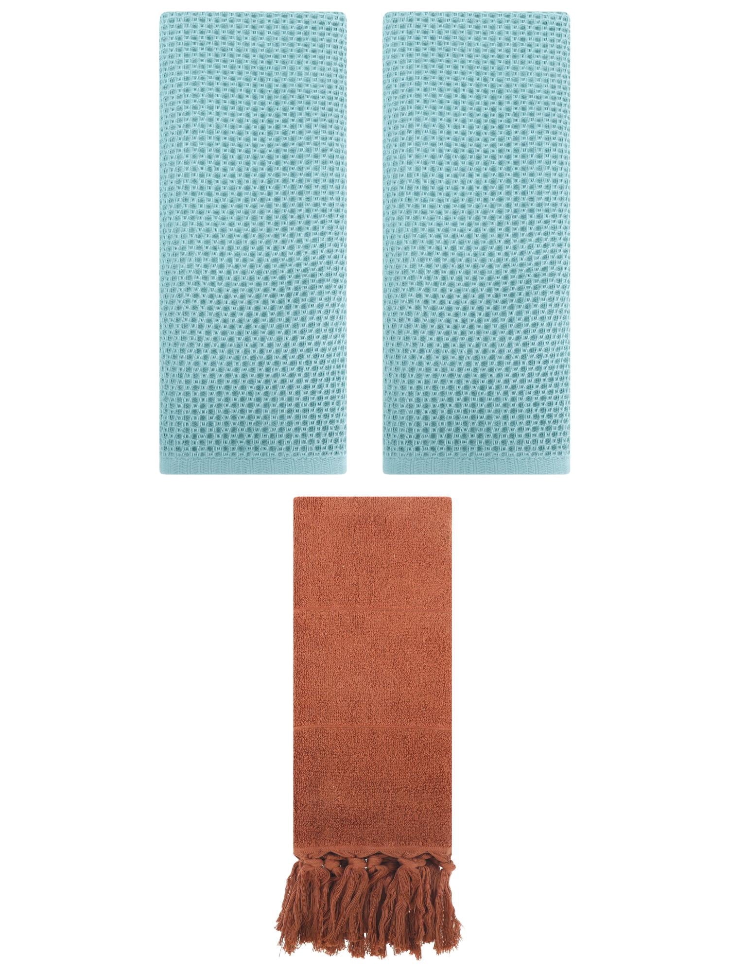 Unique Bargains 3 Pcs Tassels Waffle Hand Towel Brown/Light Blue 14"x30"/13"x30"