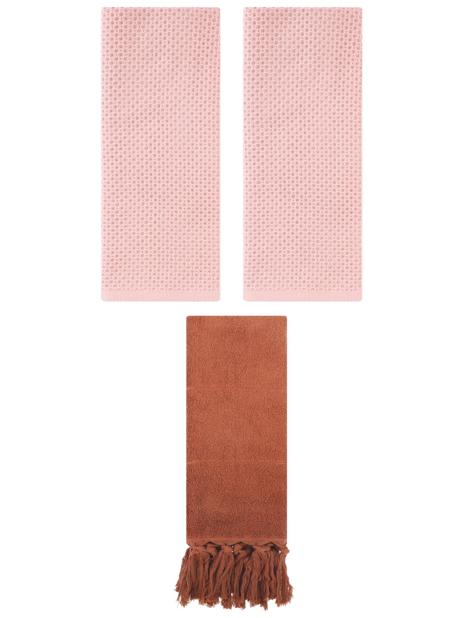 Unique Bargains 3 Pcs Tassels Waffle Hand Towel Brown/Pink 14"x30"/13"x30"