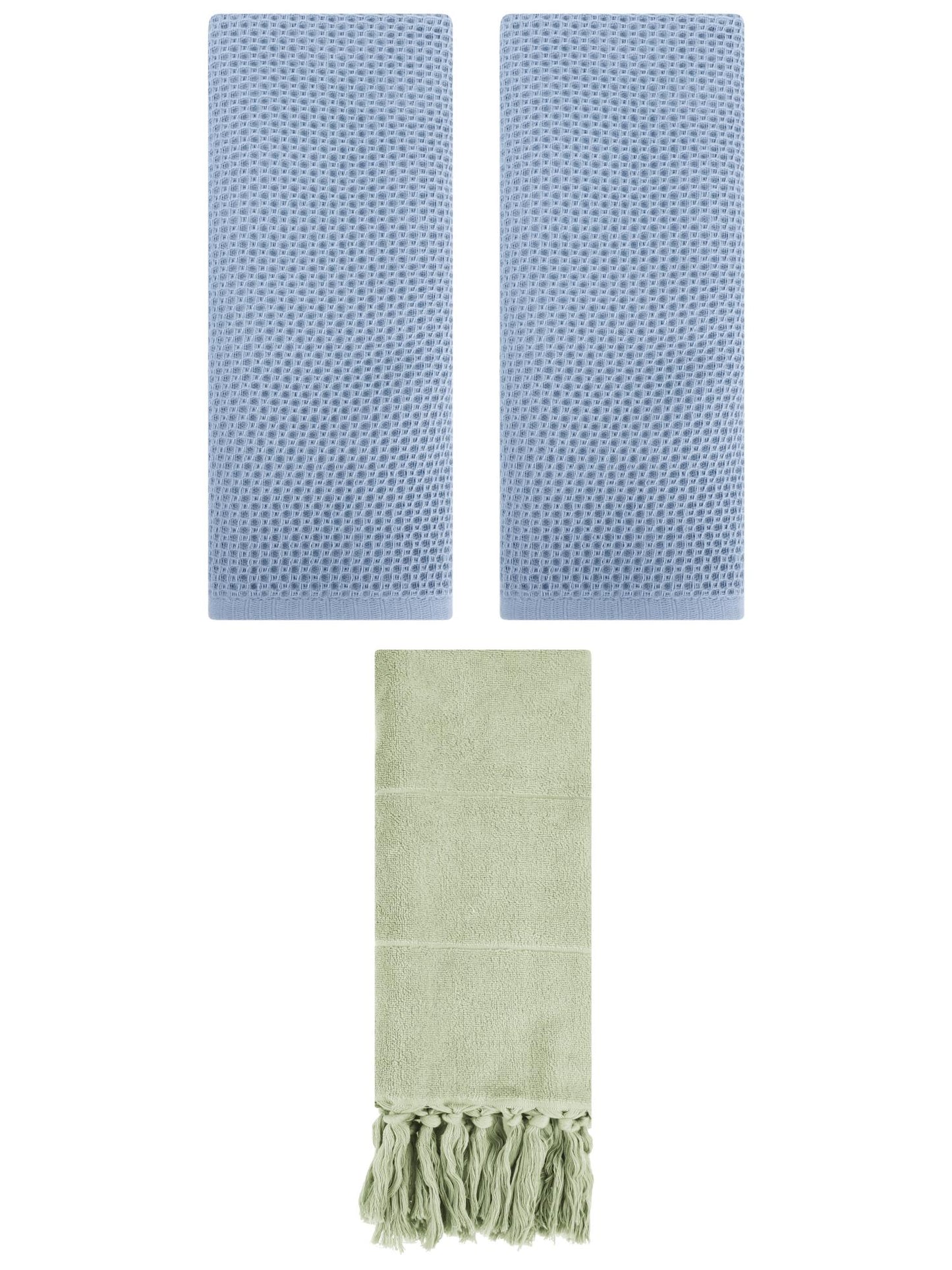 Unique Bargains 3 Pcs Tassels Waffle Hand Towel Green/Steel Blue 14"x30"/13"x30"
