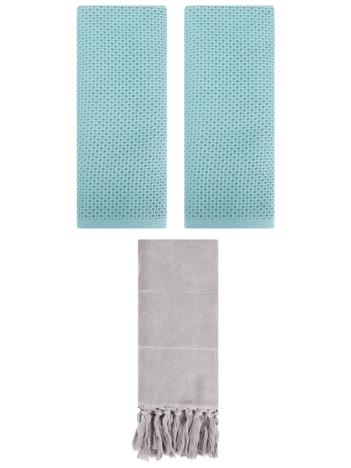 Unique Bargains 3 Pcs Tassels Waffle Hand Towel Grey/Light Blue 14"x30"/13"x30"