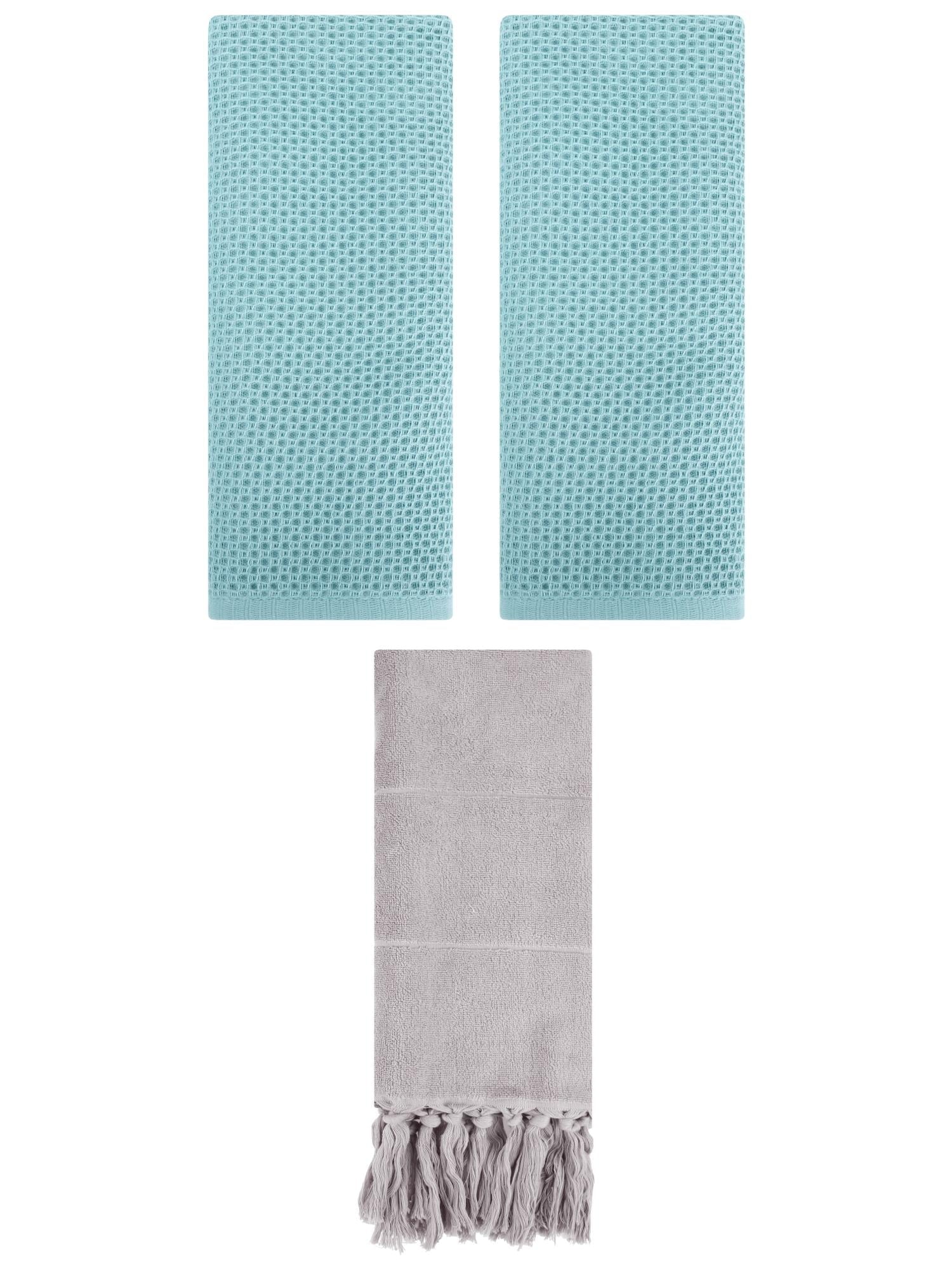 Unique Bargains 3 Pcs Tassels Waffle Hand Towel Grey/Light Blue 14"x30"/13"x30"