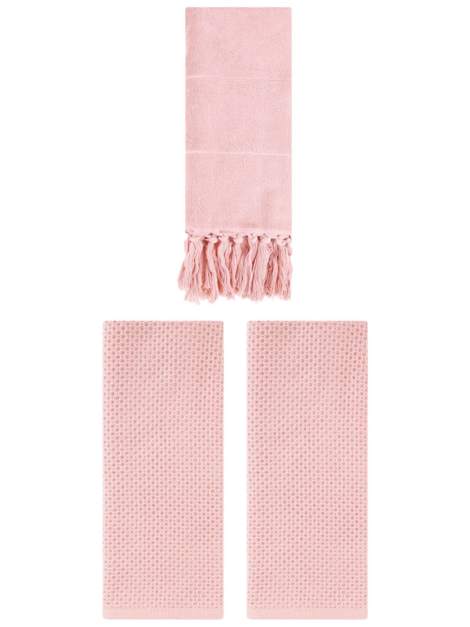 Unique Bargains 3 Pcs Tassels Waffle Hand Towel Pink 14"x30"/13"x30"