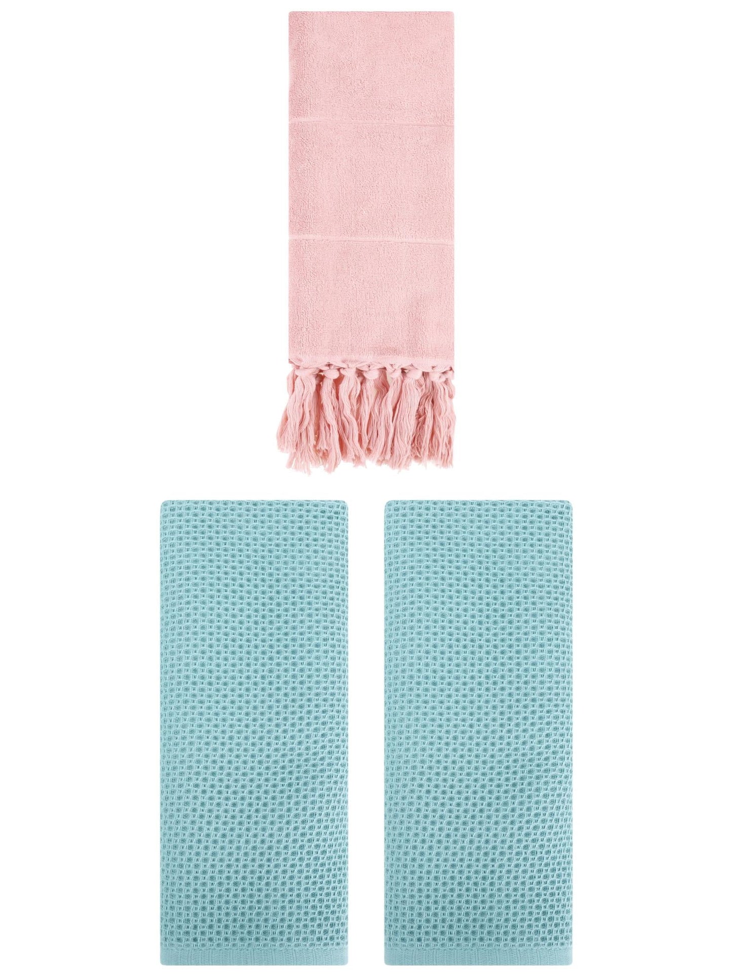 Unique Bargains 3 Pcs Tassels Waffle Hand Towel Pink/Light Blue 14"x30"/13"x30"