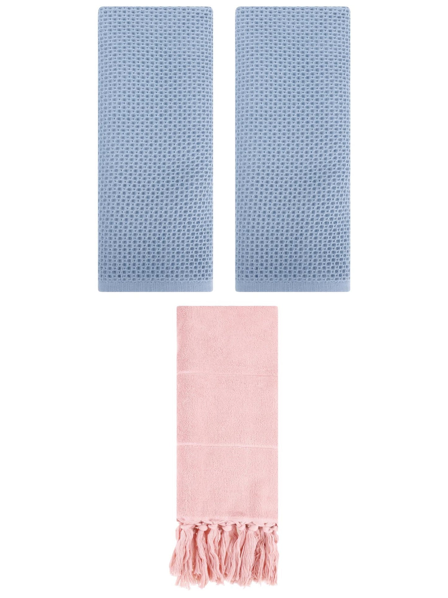 Unique Bargains 3 Pcs Tassels Waffle Hand Towel Pink/Steel Blue 14"x30"/13"x30"