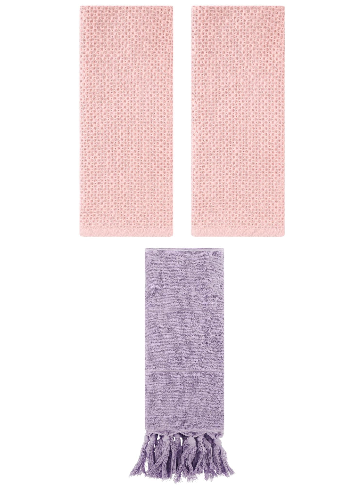 Unique Bargains 3 Pcs Tassels Waffle Hand Towel Purple/Pink 14"x30"/13"x30"