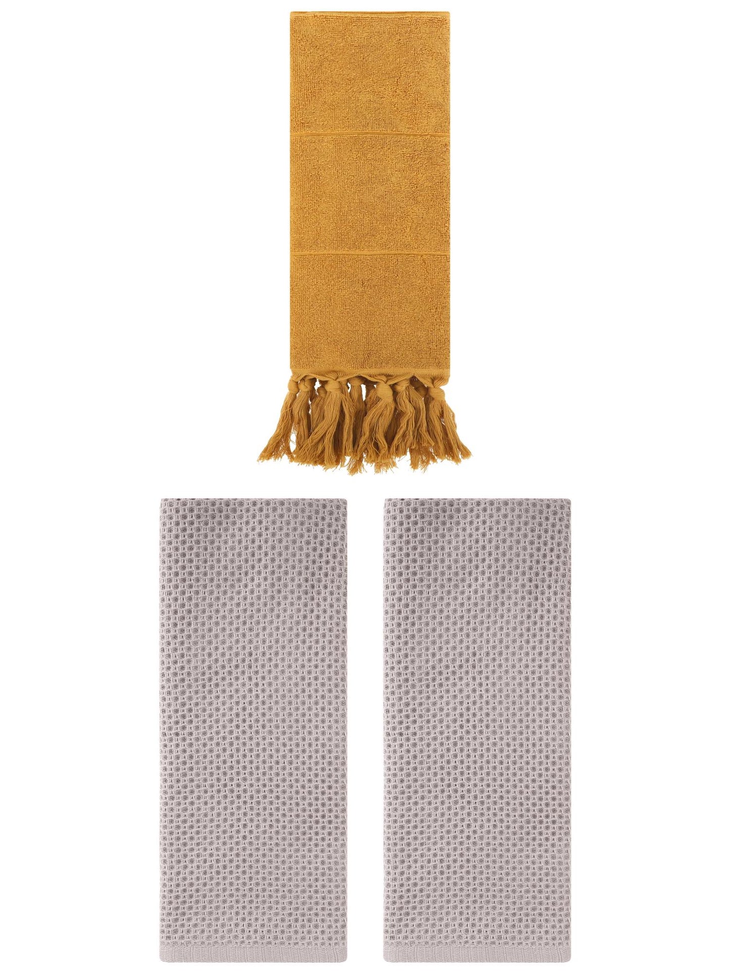 Unique Bargains 3 Pcs Tassels Waffle Hand Towel Yellow/Camel 14"x30"/13"x30"