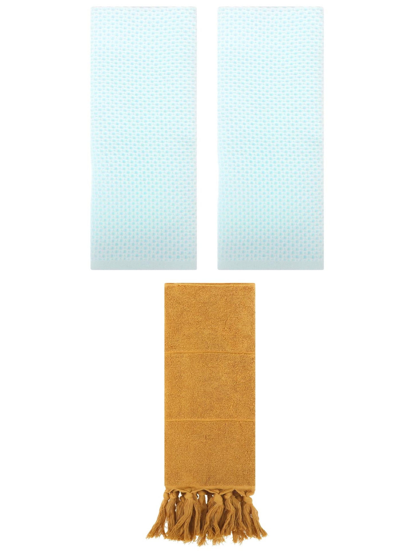 Unique Bargains 3 Pcs Tassels Waffle Hand Towel Yellow/Light Cyan 14"x30"/13"x30"