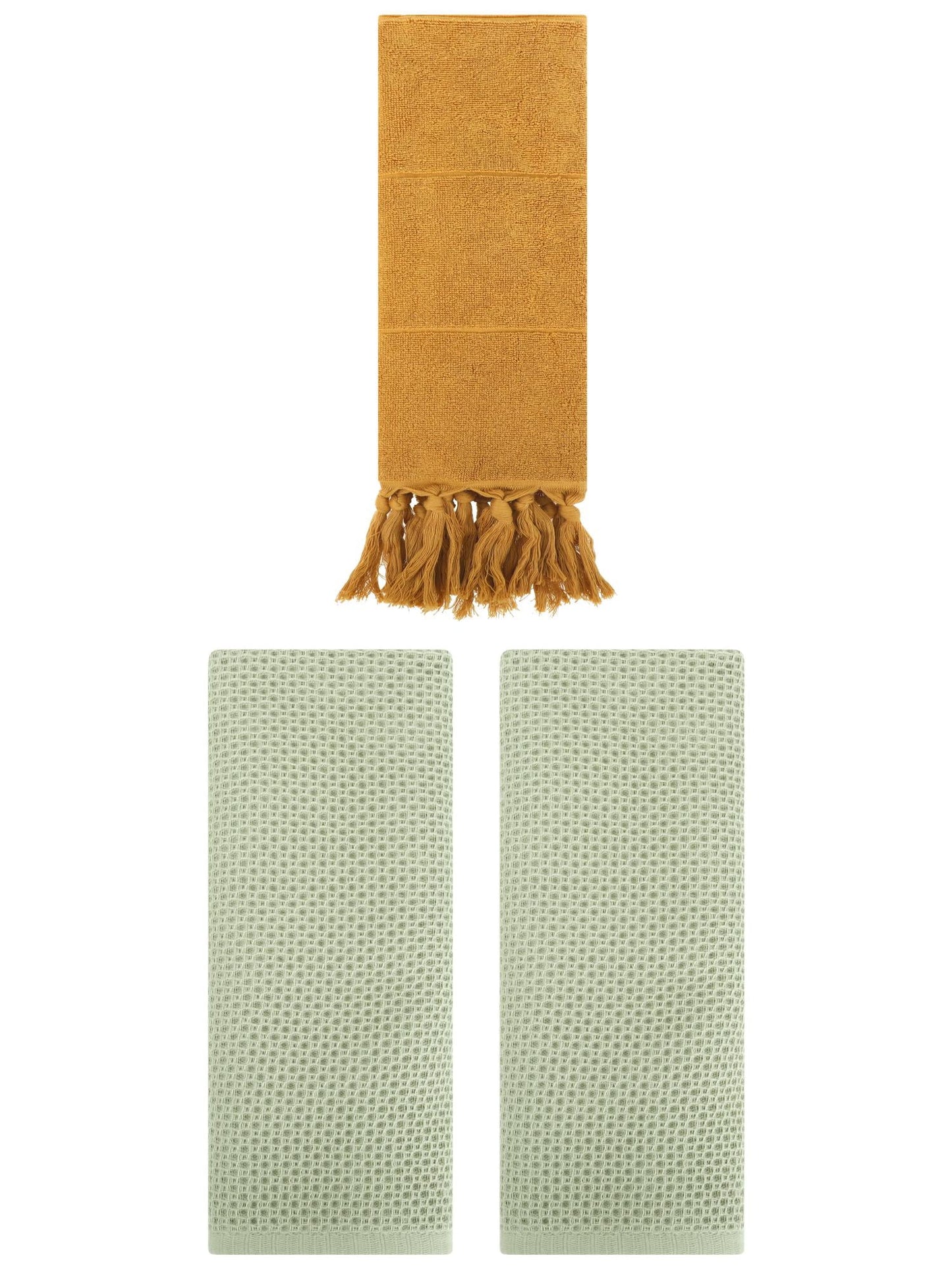 Unique Bargains 3 Pcs Tassels Waffle Hand Towel Yellow/Light Green 14"x30"/13"x30"