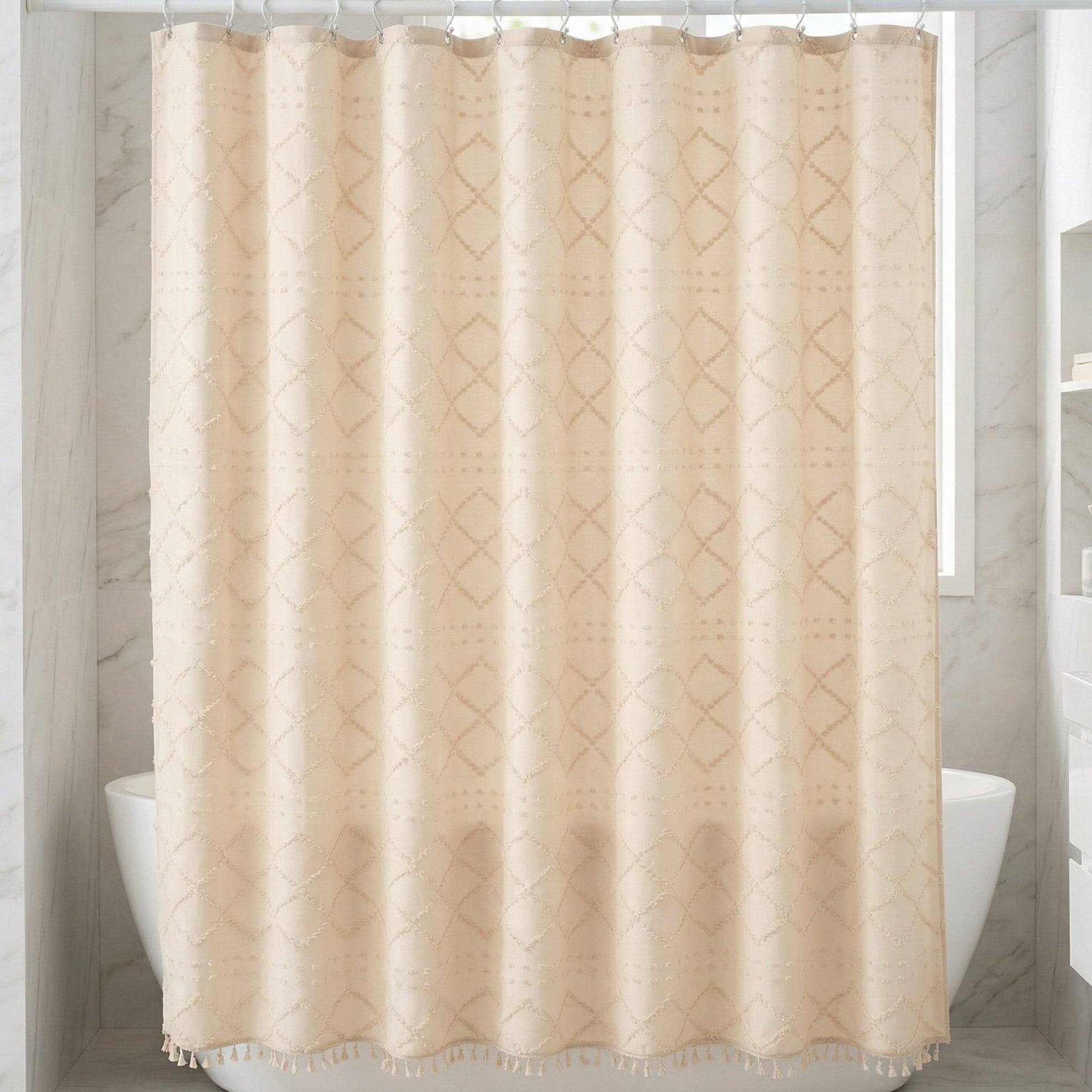 Unique Bargains 3D Geometric Texture Bath Curtain Sets with Hooks Beige 72"W x 72"L