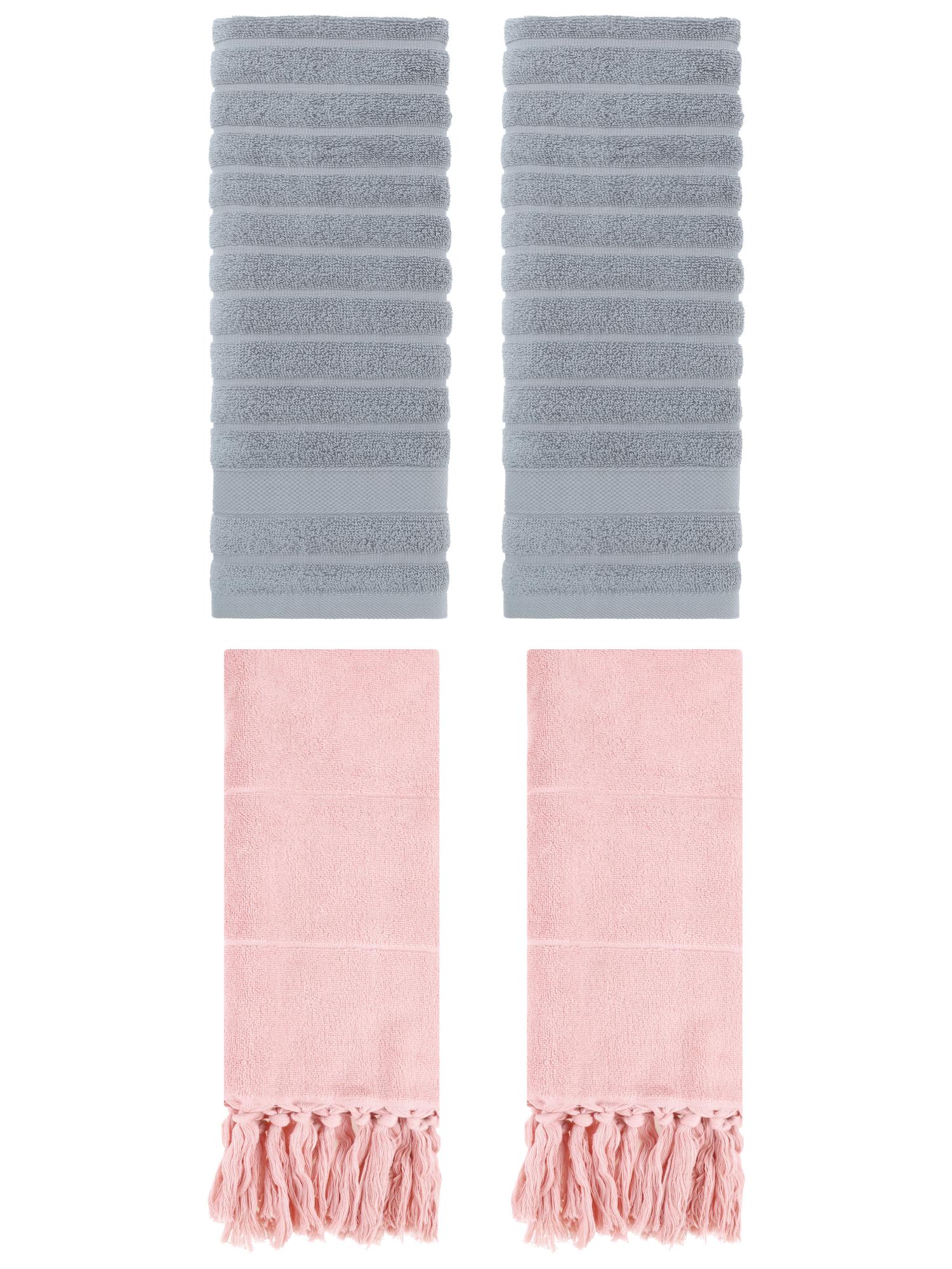 Unique Bargains 4 Pack Solid Absorbent Soft Cotton Hand Towels 14" x 30" Pink/Grey