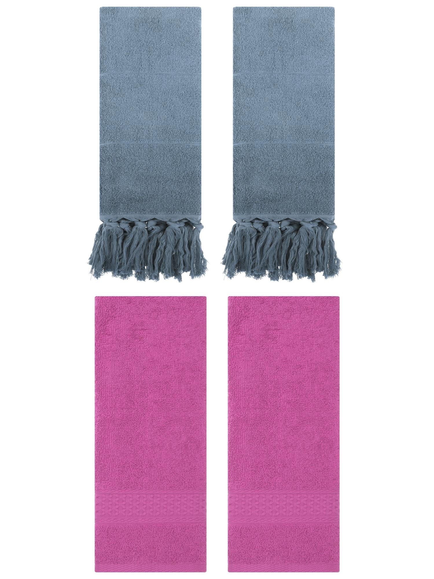 Unique Bargains 4 Packs Textured Tassels Hand Towel Blue/Dark Pink 14" x 30"/13" x 30"