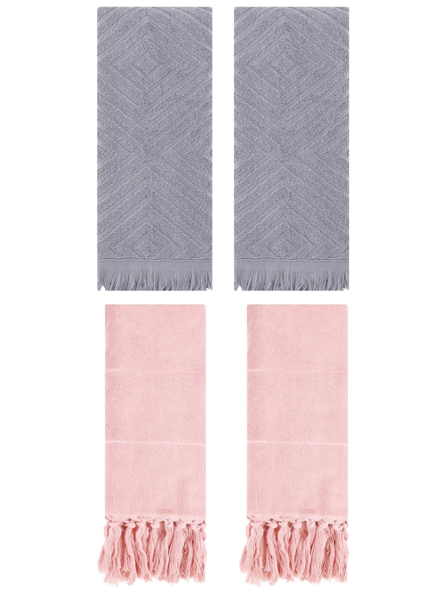 Unique Bargains 4 Pack Turkish Hand Towels with Tassel Pink/Grey 14"x30"/13"x29"