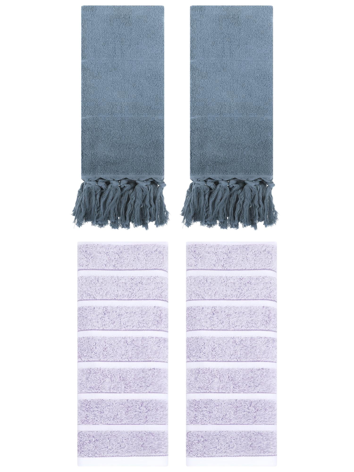 Unique Bargains 4 Pack Striped and Solid Absorbent Soft Cotton Hand Towel for Bathroom Blue/Light Purple 14" x 30"/13" x 29"