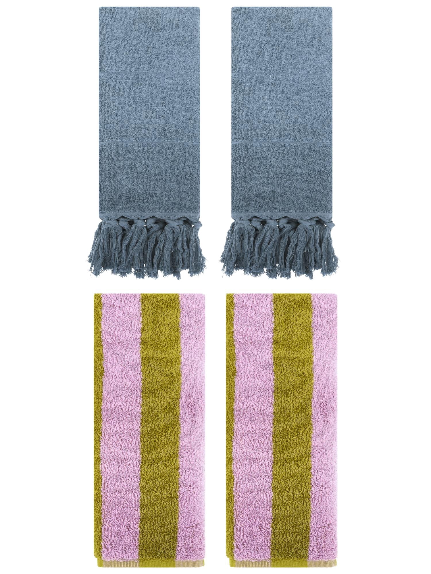 Unique Bargains 4 Pack Striped and Solid Tassels Cotton Hand Towel for Bathroom Blue/Pink Brown
