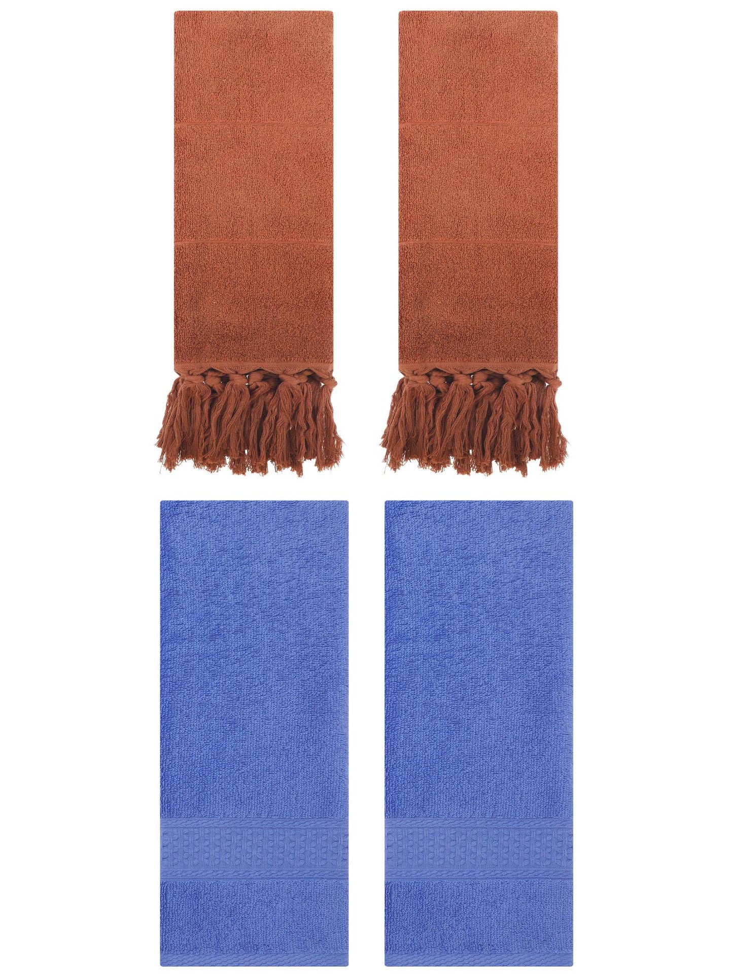 Unique Bargains 4 Packs Textured Tassels Hand Towel Brown/Blue 14" x 30"/13" x 30"