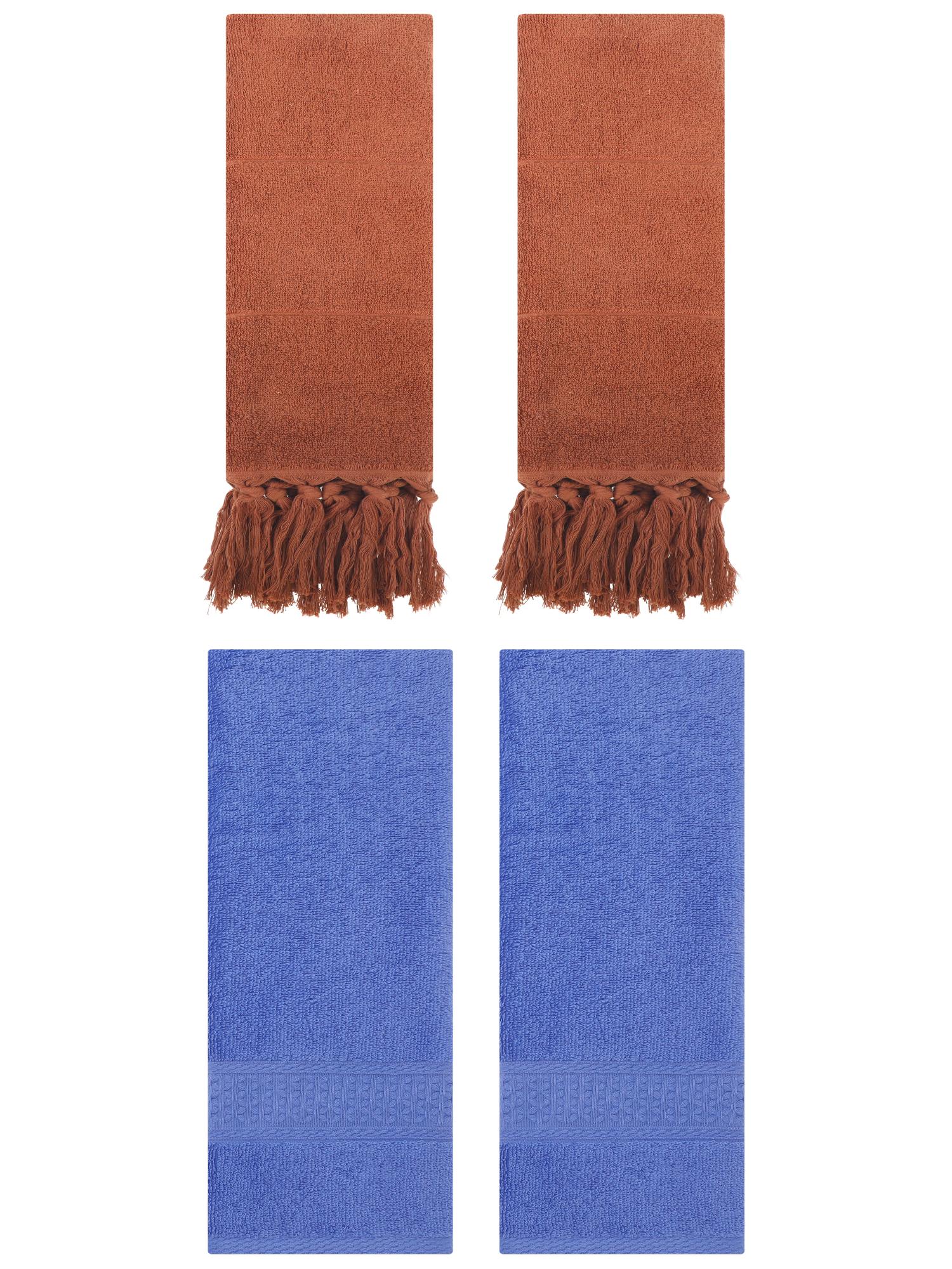 Unique Bargains 4 Packs Textured Tassels Hand Towel Brown/Blue 14" x 30"/13" x 30"