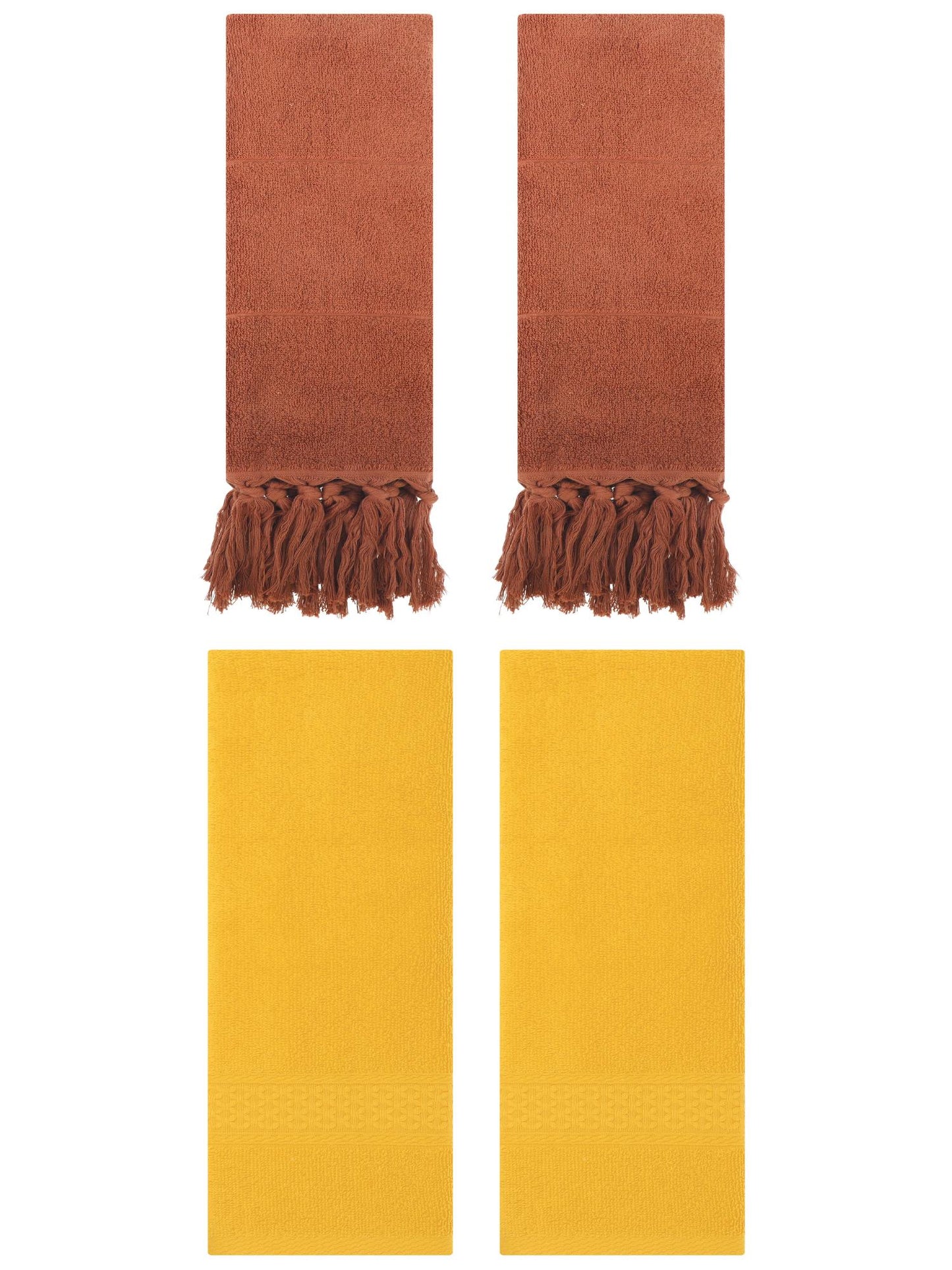 Unique Bargains 4 Packs Textured Tassels Hand Towel Brown/Yellow 14" x 30"/13" x 30"