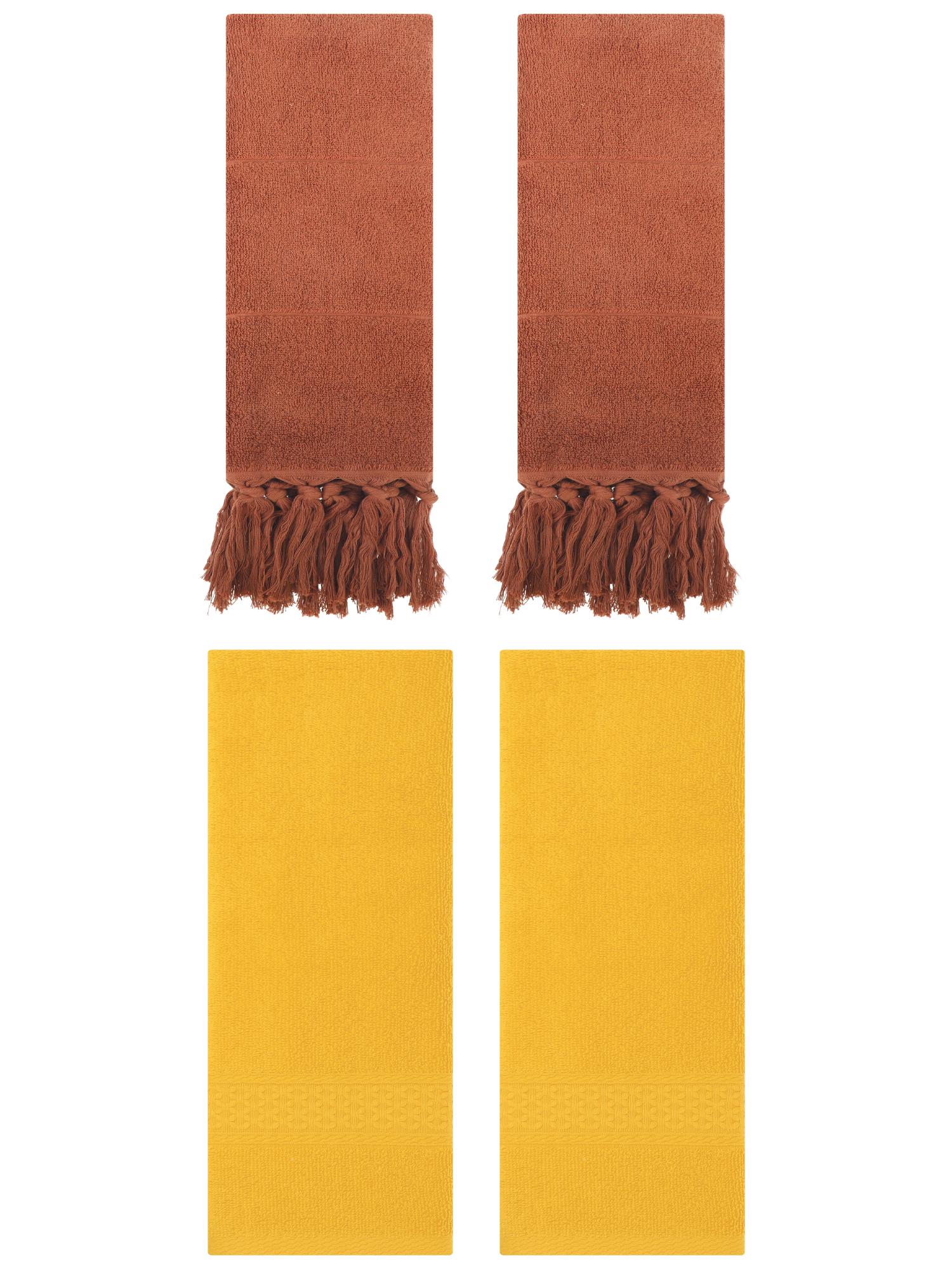 Unique Bargains 4 Packs Textured Tassels Hand Towel Brown/Yellow 14" x 30"/13" x 30"
