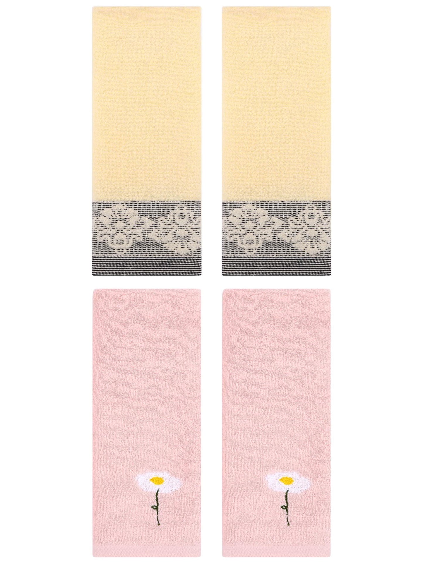 Unique Bargains 4 Pcs Absorbent Floral Hand Towels Pink/Yellow 13" x 30"/13" x 29"
