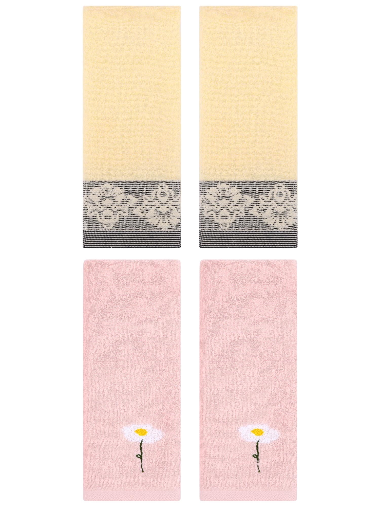 Unique Bargains 4 Pcs Absorbent Floral Hand Towels Pink/Yellow 13" x 30"/13" x 29"