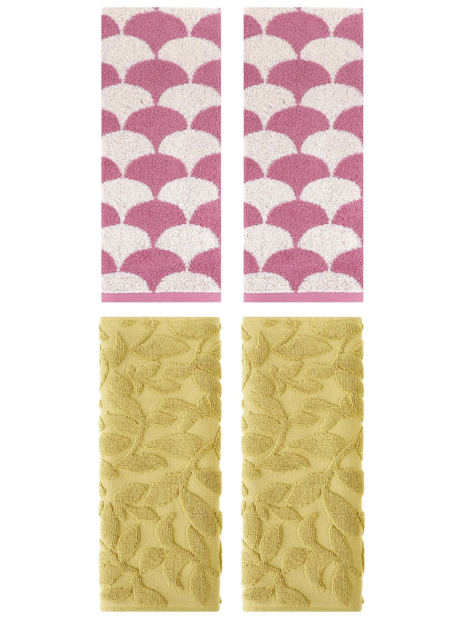Unique Bargains 4 Pcs Bathroom Geometric Hand Towels Pink/Yellow 13" x 29"/14" x 30"