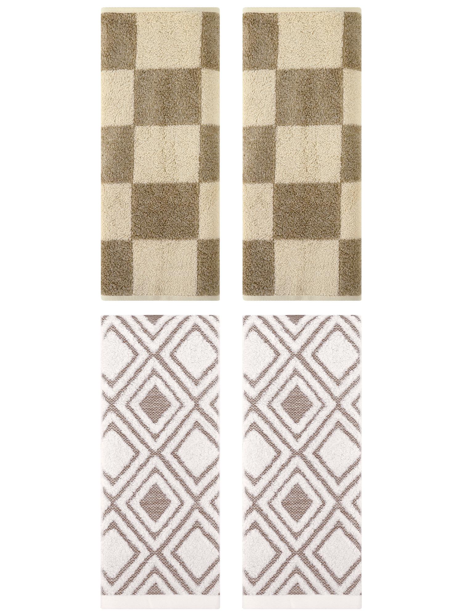 Unique Bargains 4 Pcs Checkered Cotton Hand Towel Set Brown/Beige 14" x 28"/13" x 29"