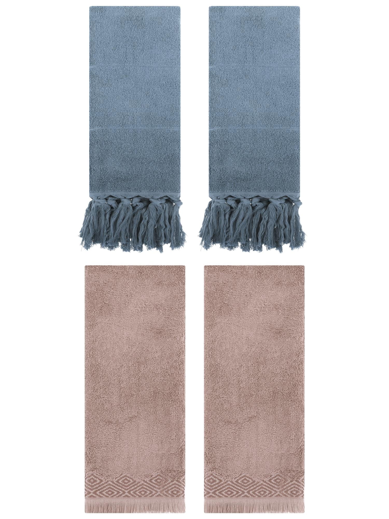 Unique Bargains 4 Pack Cotton Absorbent Soft Turkish Hand Towels with tassel for Bathroom Blue/Brown 14" x 30"/13" x 29"