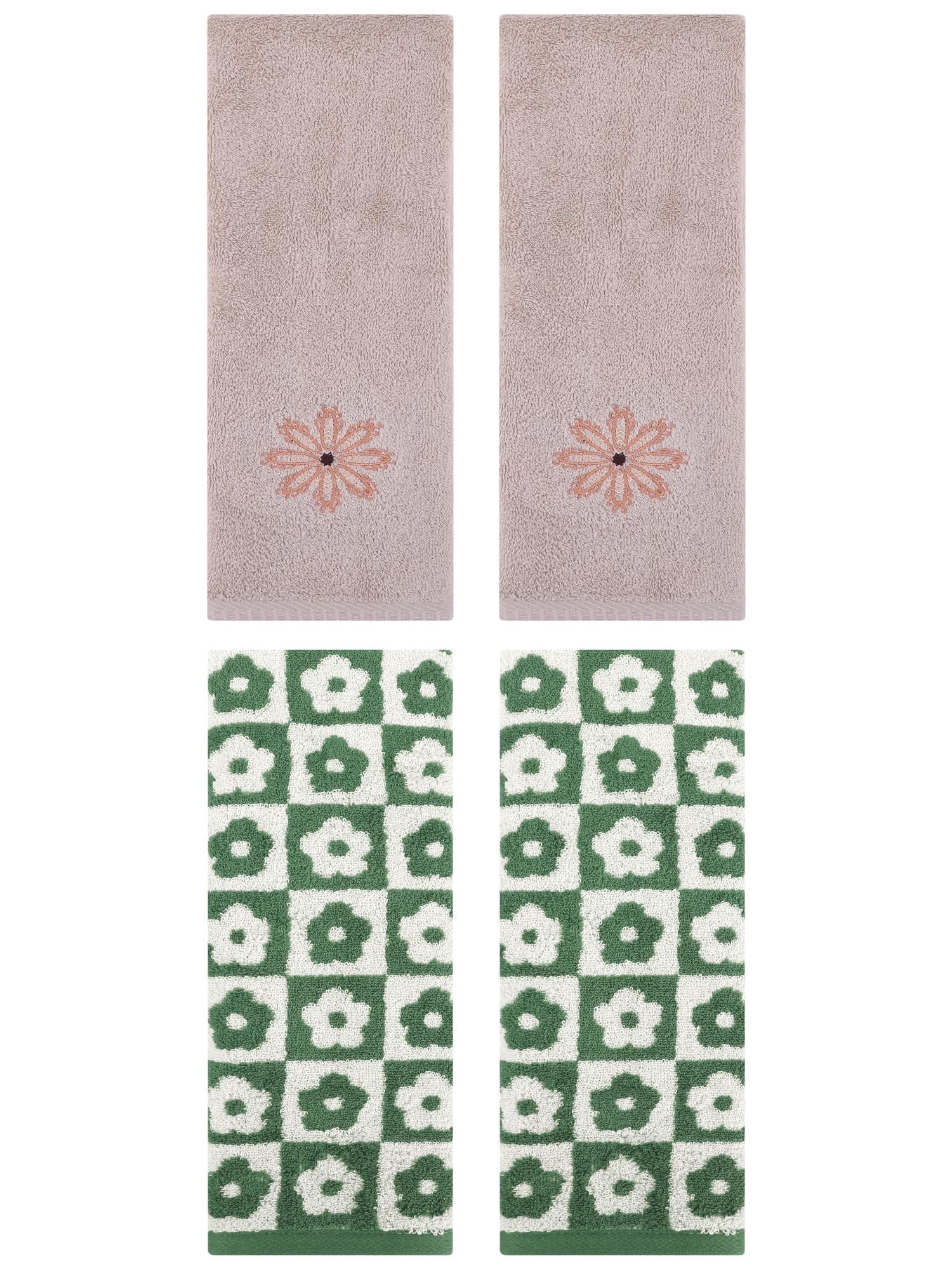 Unique Bargains 4 Pcs Cotton Decorative Hand Towel Green/Camel 14" x 30"/13" x 30"