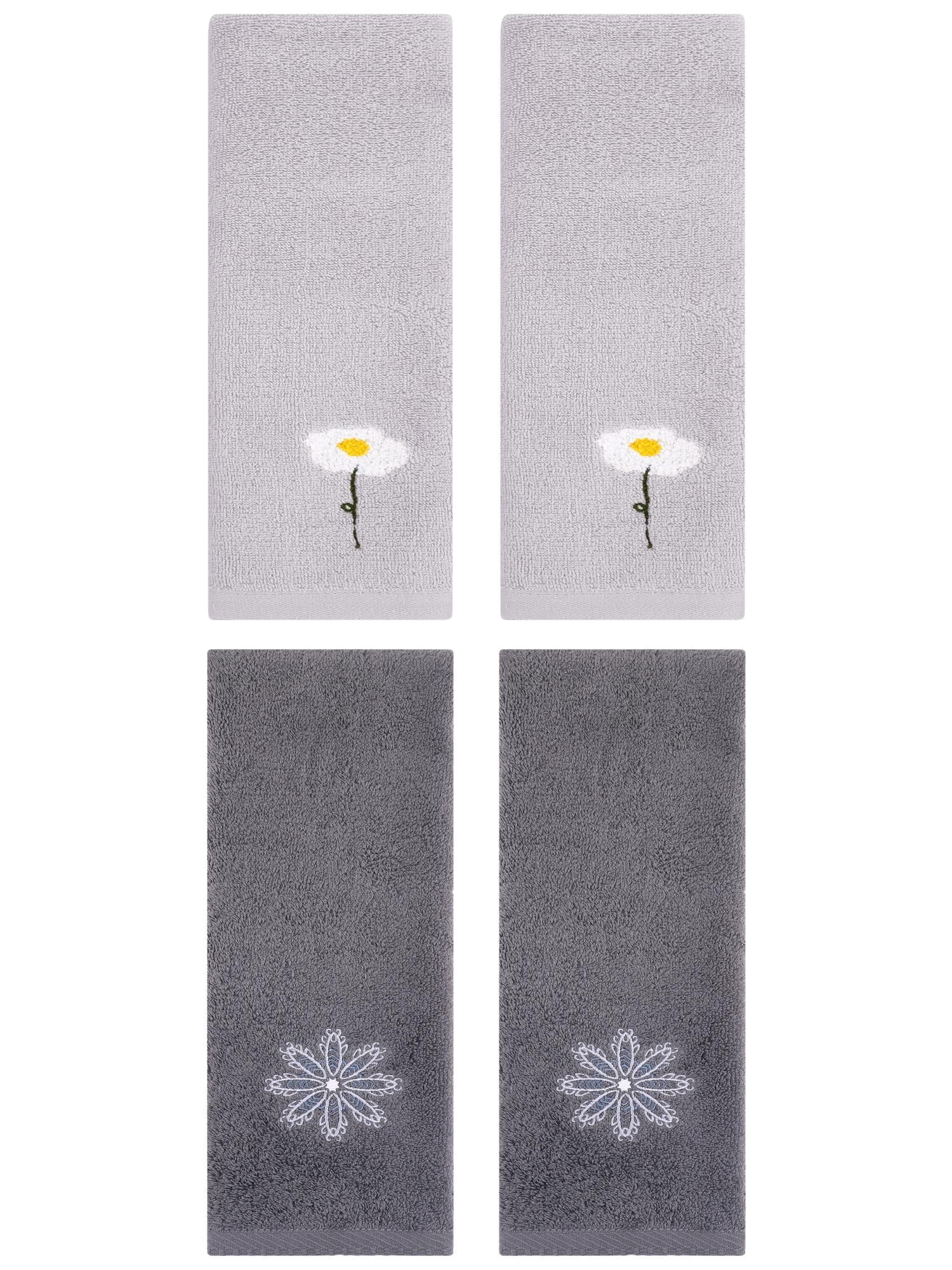 Unique Bargains 4 Pcs Cotton Floral Hand Towel 13" x 30" Grey/Dark Grey