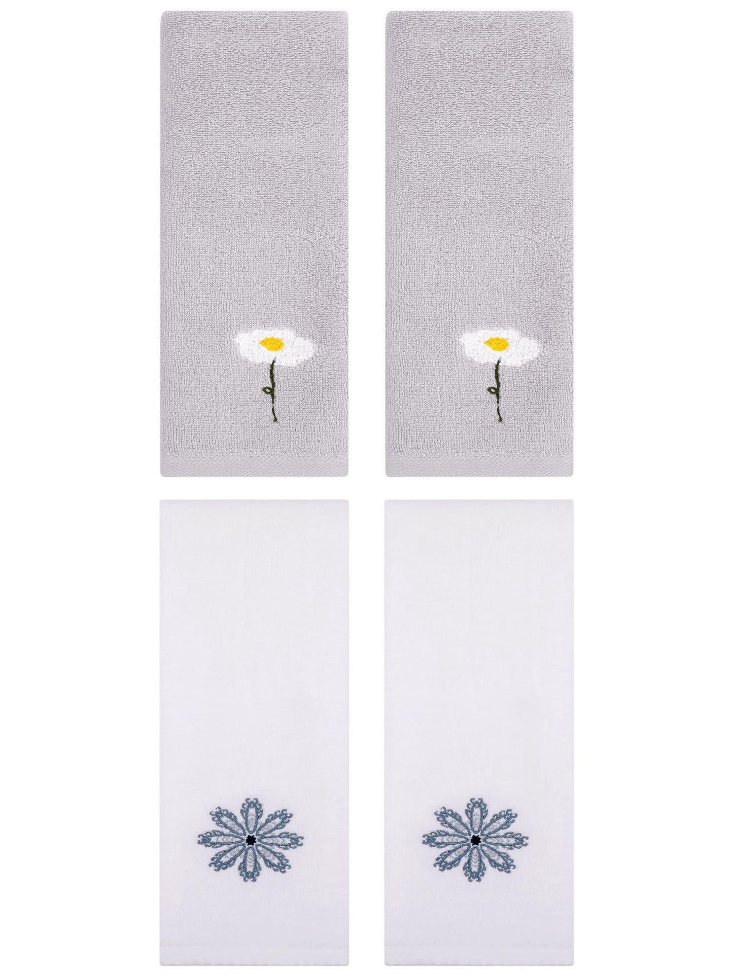 Unique Bargains 4 Pcs Cotton Floral Hand Towel 13" x 30" Grey/White