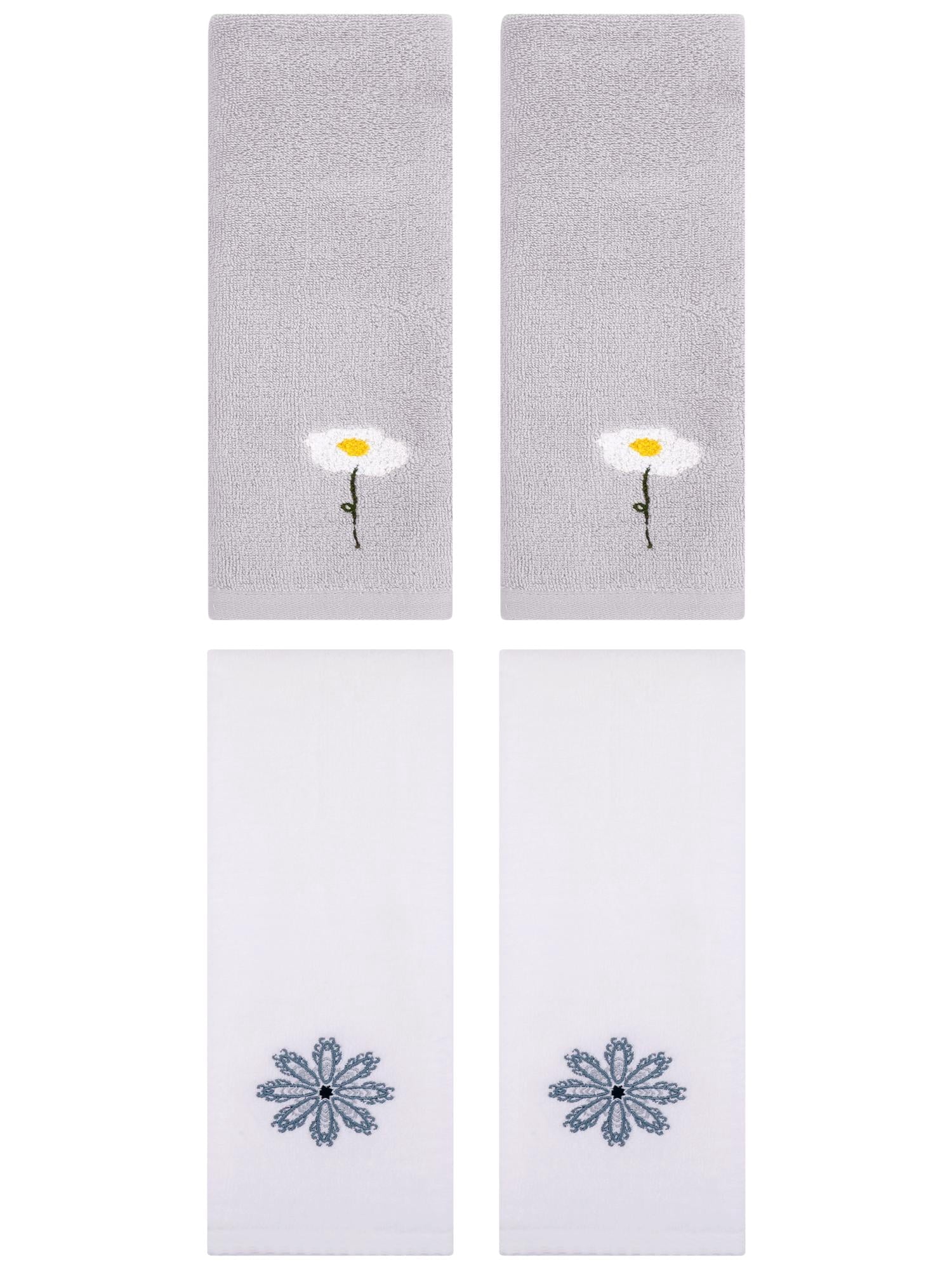 Unique Bargains 4 Pcs Cotton Floral Hand Towel 13" x 30" Grey/White