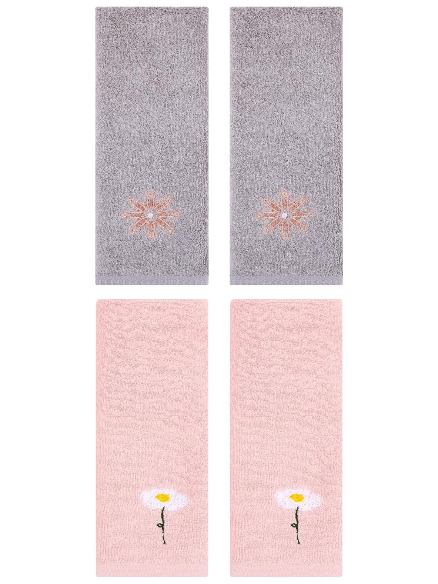 Unique Bargains 4 Pcs Cotton Floral Hand Towel 13" x 30" Pink/Light Grey
