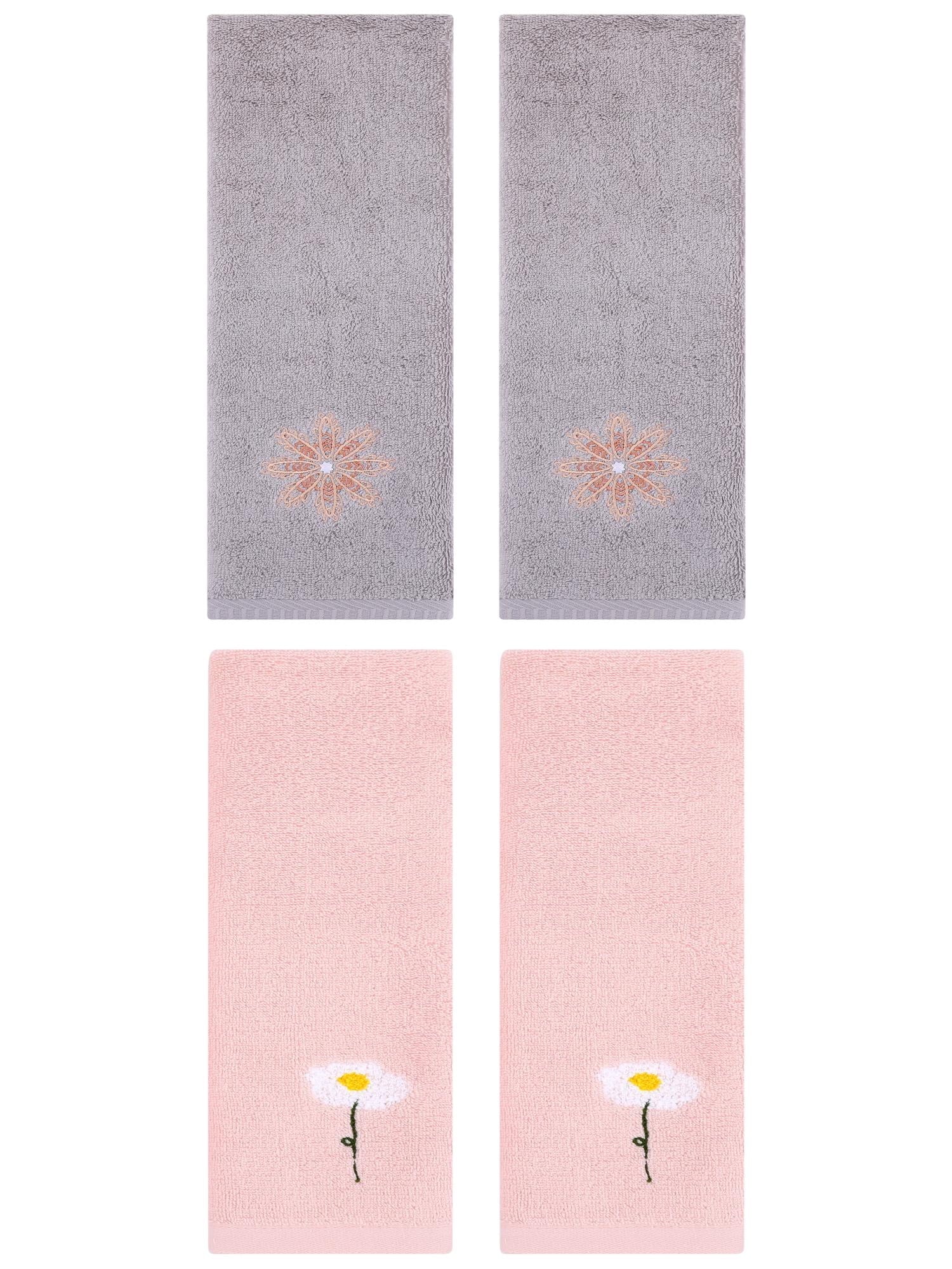 Unique Bargains 4 Pcs Cotton Floral Hand Towel 13" x 30" Pink/Light Grey