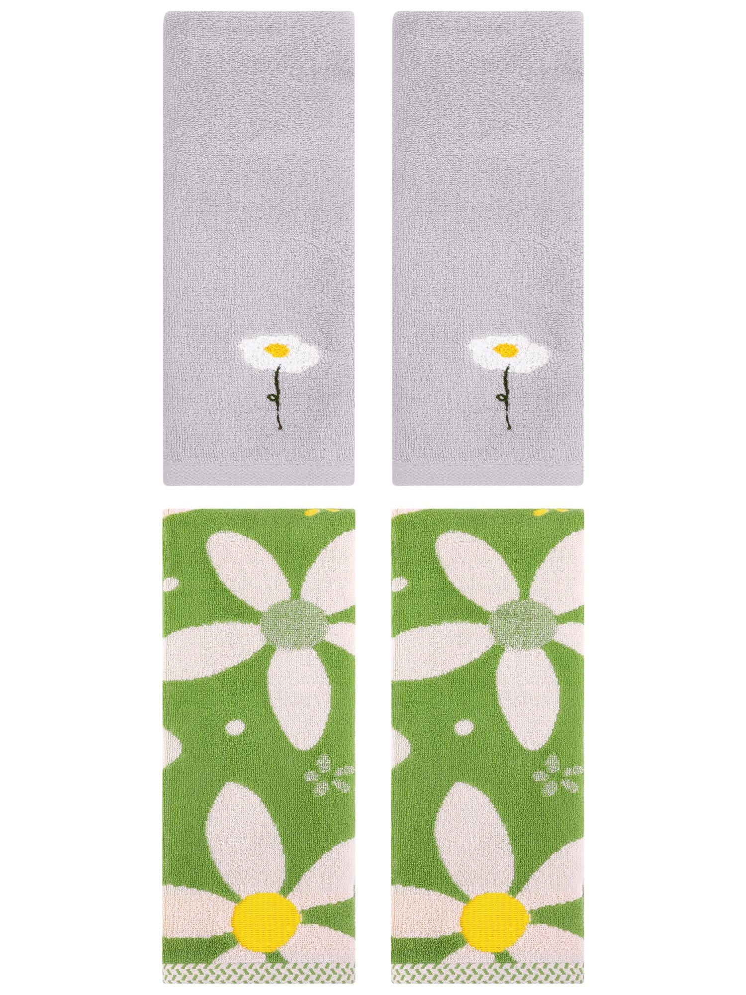 Unique Bargains 4 Pcs Cotton Floral Hand Towel Grey/Green 13" x 30"/13" x 29"