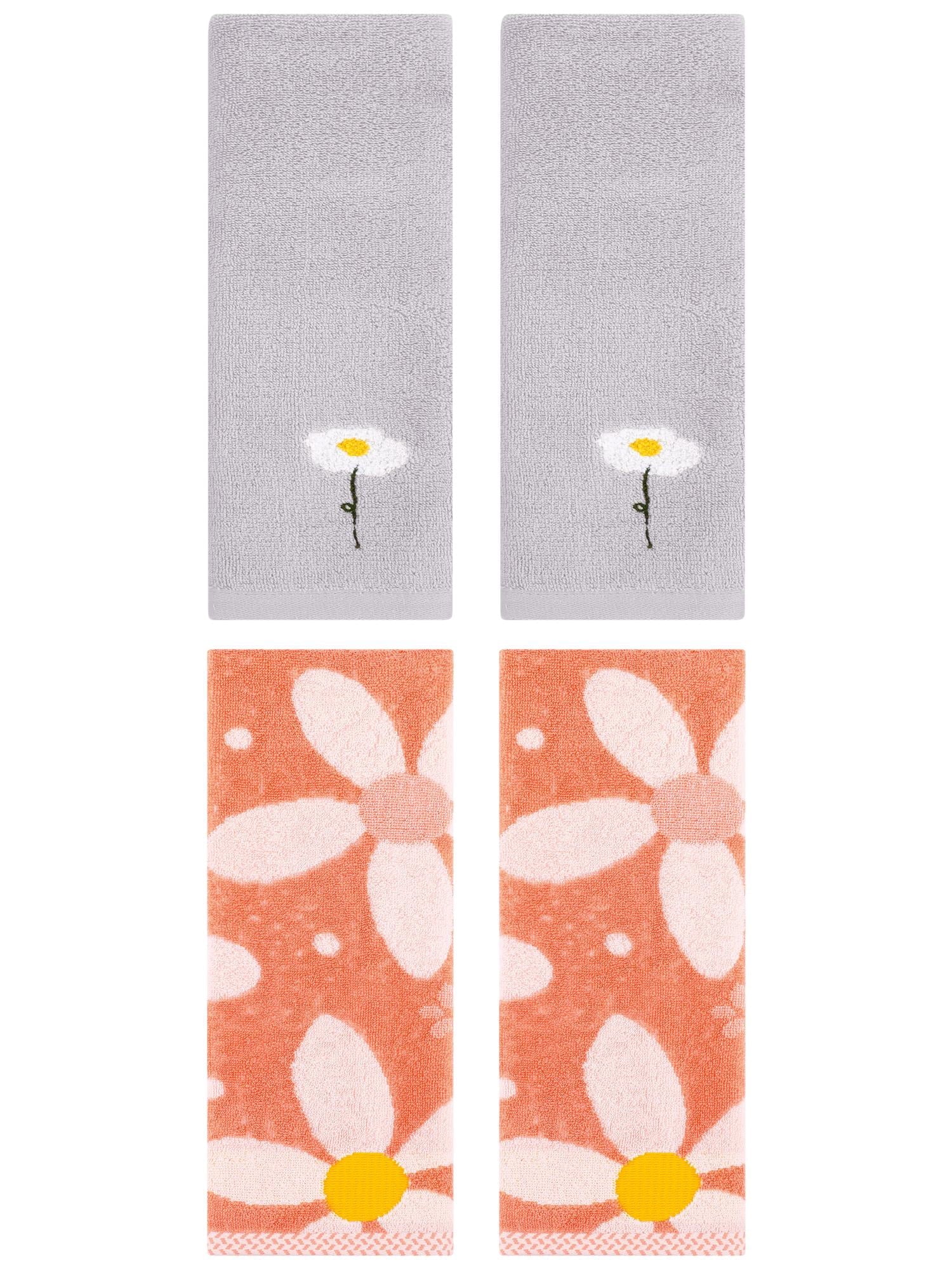 Unique Bargains 4 Pcs Cotton Floral Hand Towel Grey/Orange 13" x 30"/13" x 29"