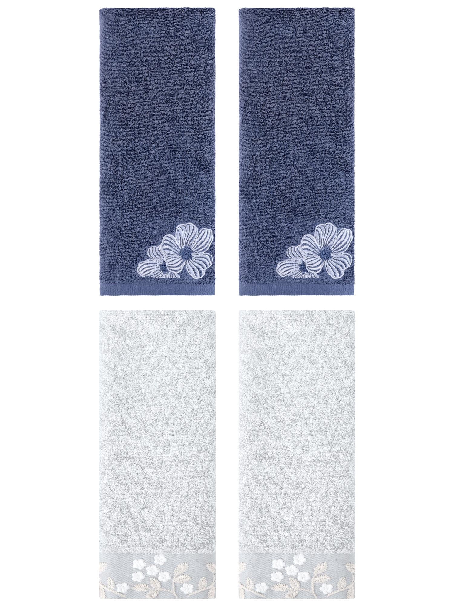 Unique Bargains 4 Pcs Cotton Floral Soft Hand Towel Set Grey/Navy Blue 14" x 28"/14" x 31"