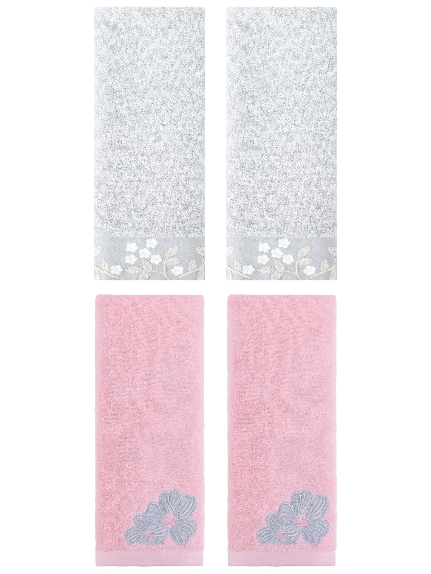 Unique Bargains 4 Pcs Cotton Floral Soft Hand Towel Set Grey/Pink 14" x 28"/14" x 31"