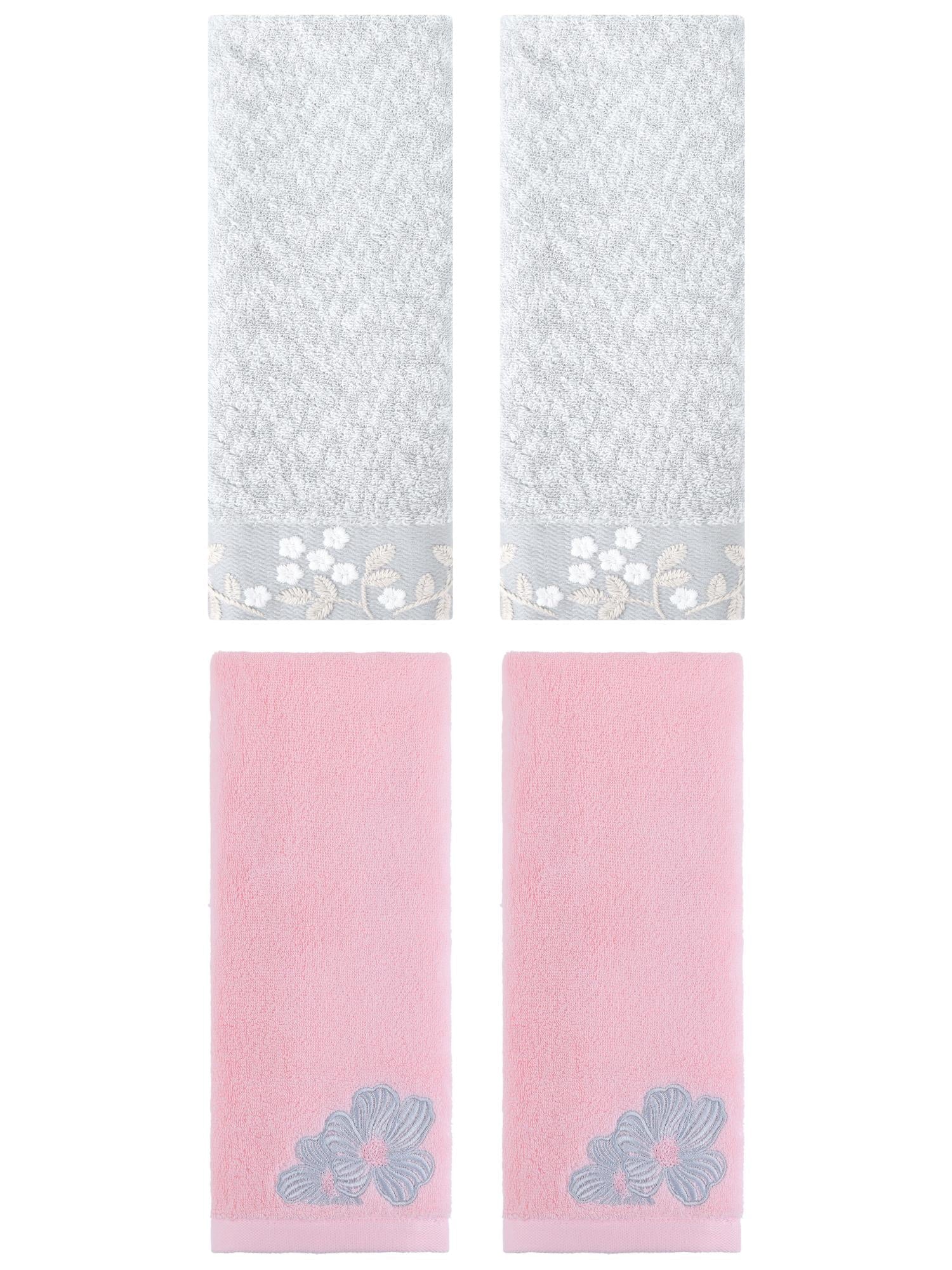 Unique Bargains 4 Pcs Cotton Floral Soft Hand Towel Set Grey/Pink 14" x 28"/14" x 31"