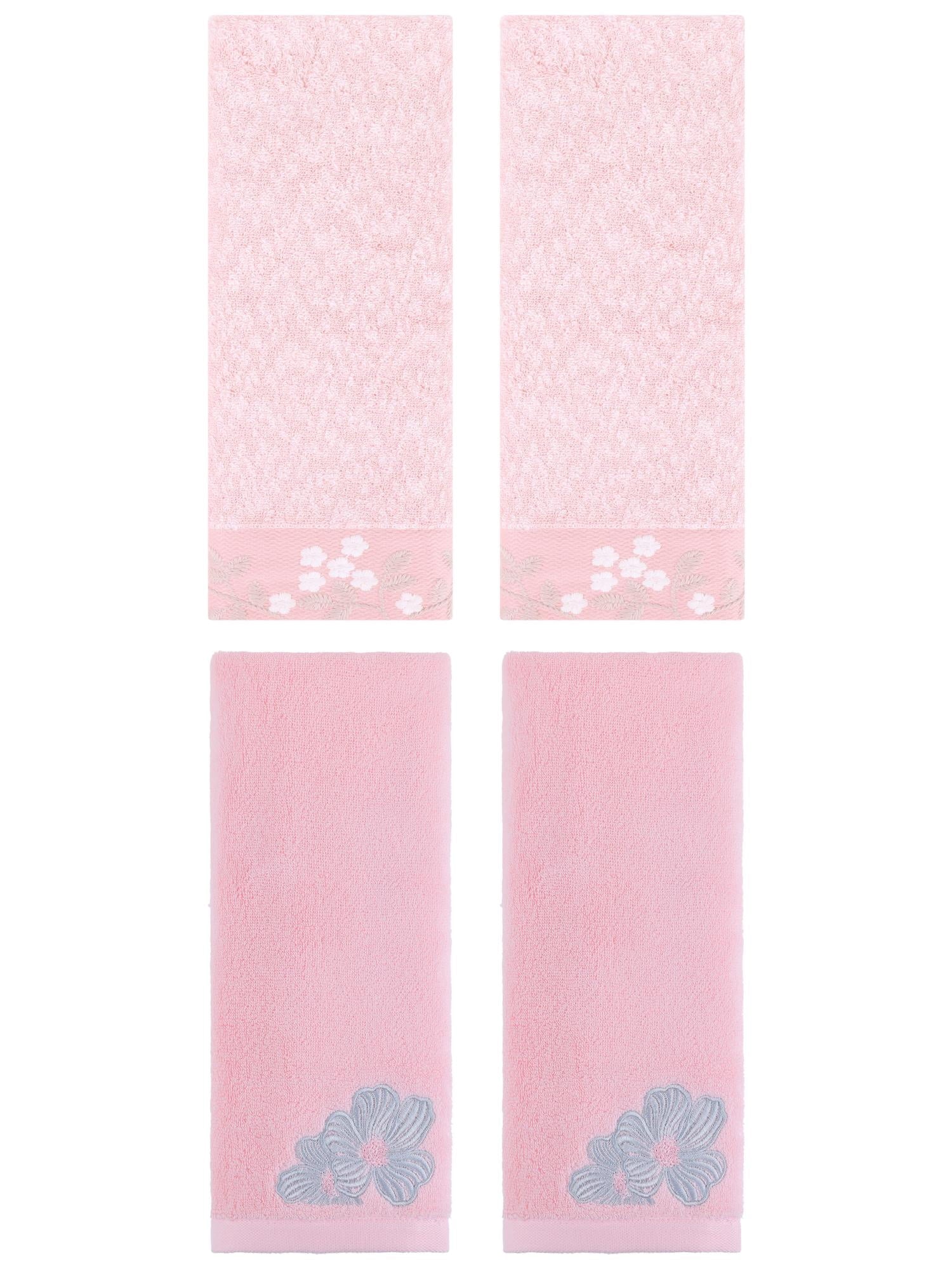 Unique Bargains 4 Pcs Cotton Floral Soft Hand Towel Set Pink 14" x 28"/14" x 31"