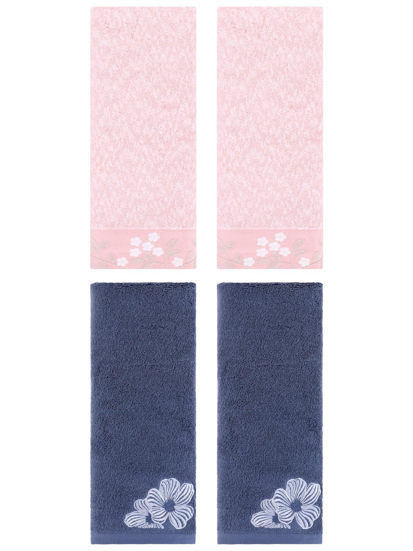 Unique Bargains 4 Pcs Cotton Floral Soft Hand Towel Set Pink/Navy Blue 14" x 28"/14" x 31"
