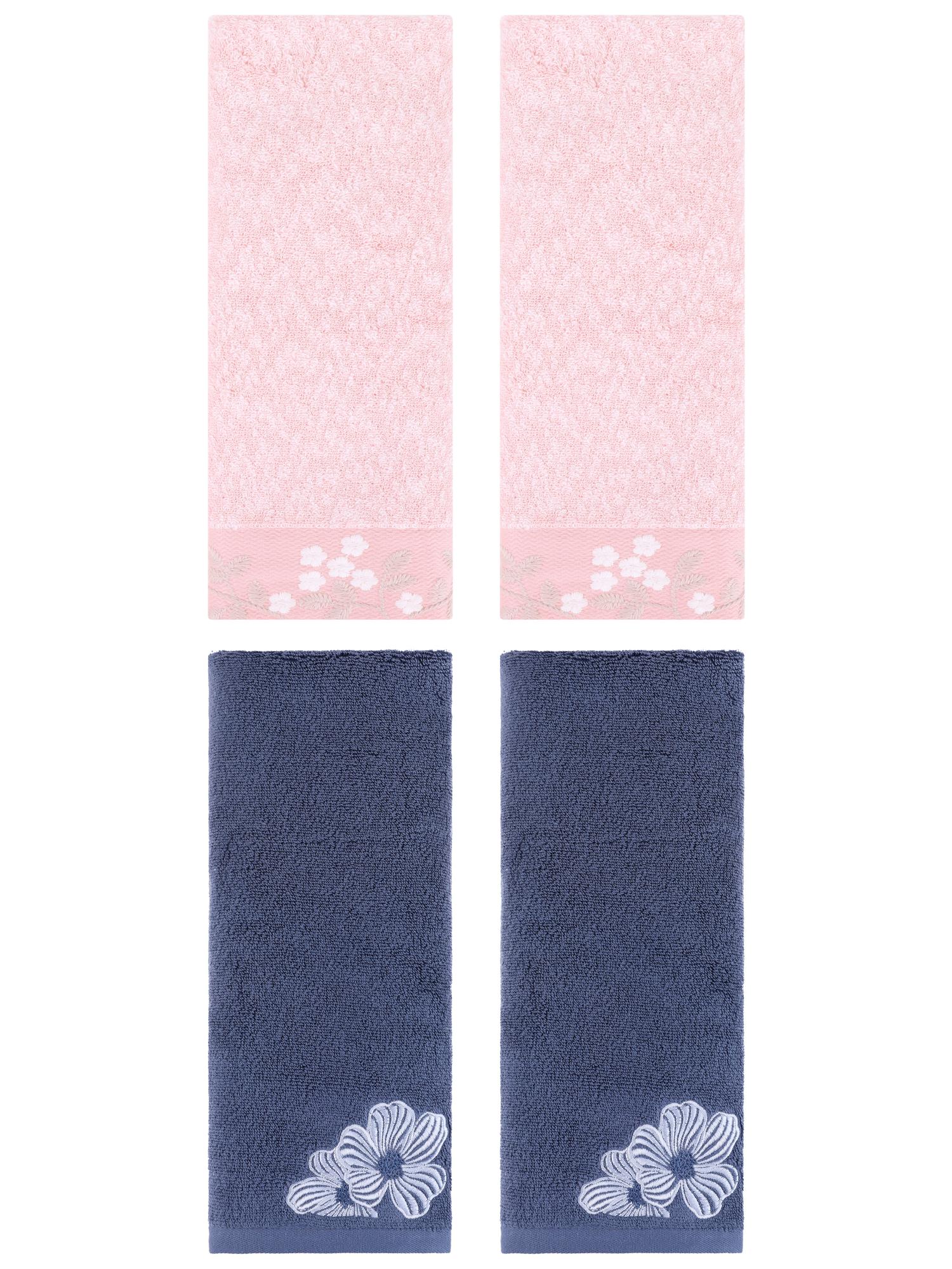 Unique Bargains 4 Pcs Cotton Floral Soft Hand Towel Set Pink/Navy Blue 14" x 28"/14" x 31"