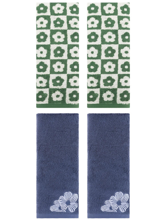 Unique Bargains 4 Pcs Cotton Hand Towel Set Green/Navy Blue 14" x 30"/14" x 31"