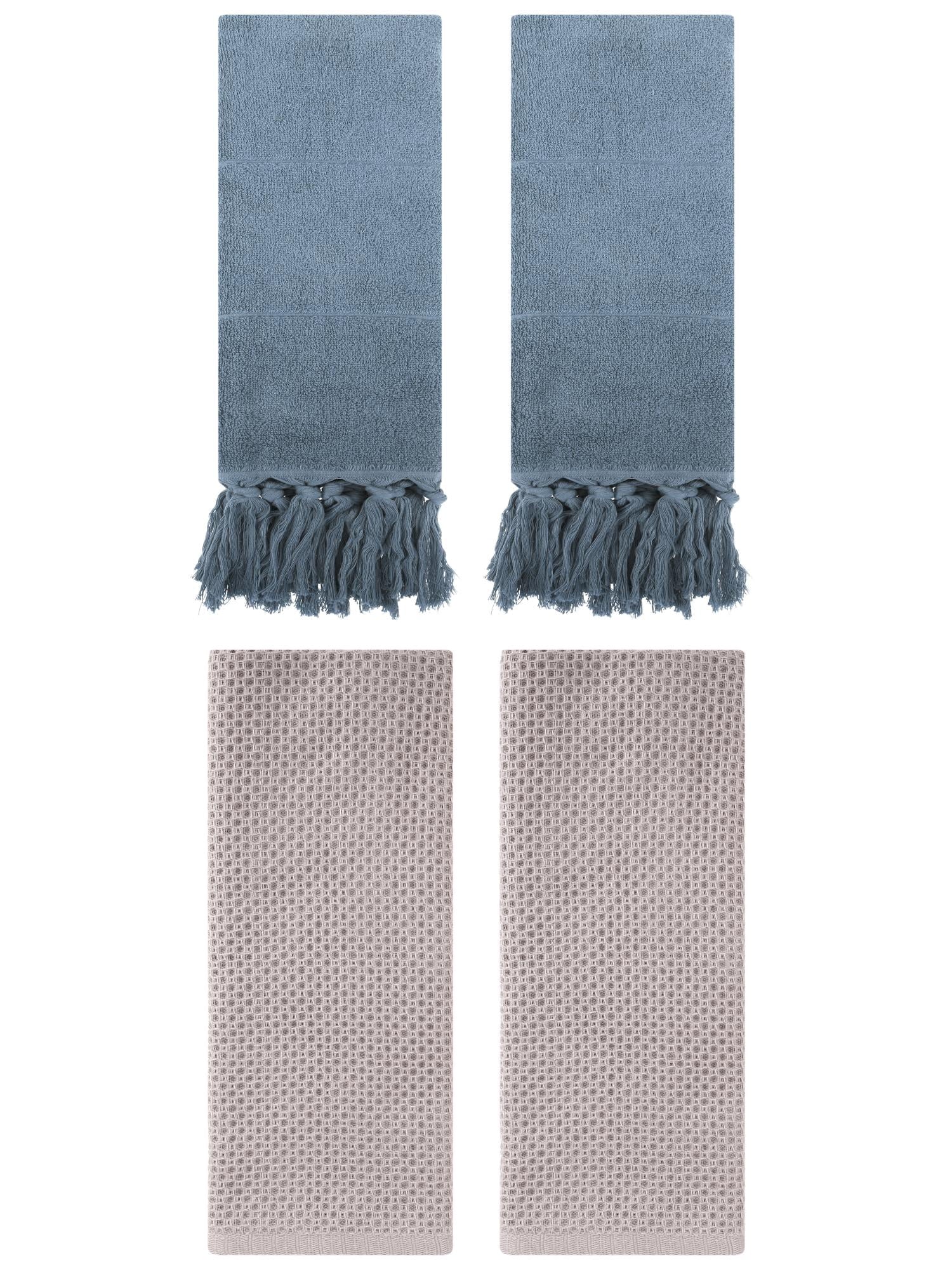 Unique Bargains 4 Pcs Cotton Hand Towels Blue/Camel 14" x 30"/13" x 30"
