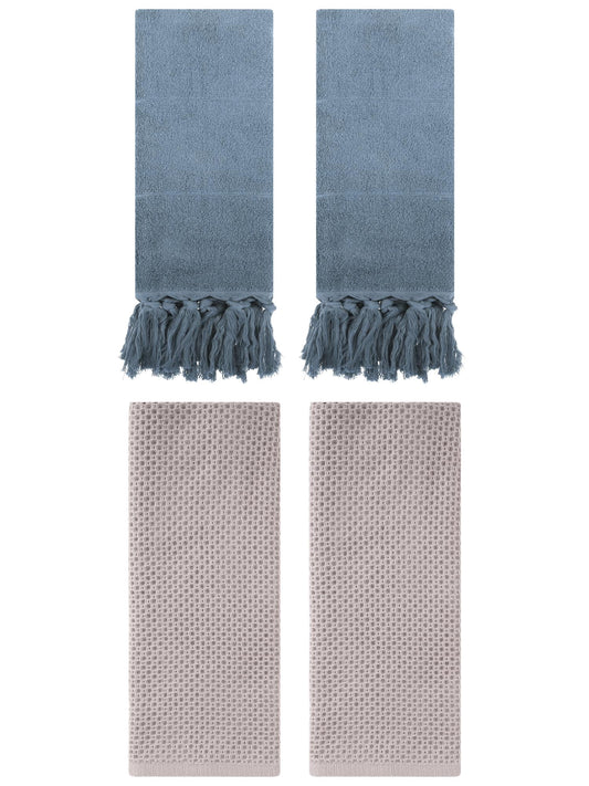 Unique Bargains 4 Pcs Cotton Hand Towels Blue/Camel 14" x 30"/13" x 30"